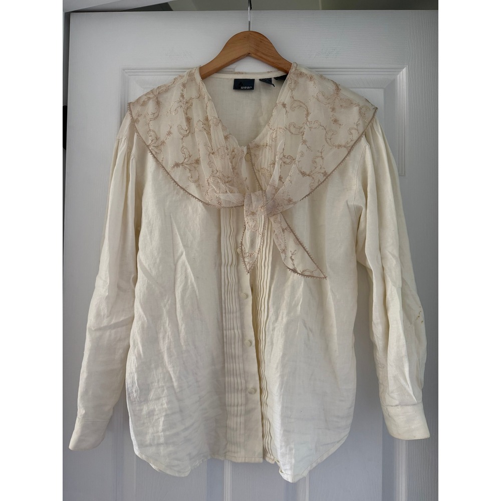 Vintage Lizwear Womens Linen Long Sleeve Blouse with Lace Collar Cottagecore